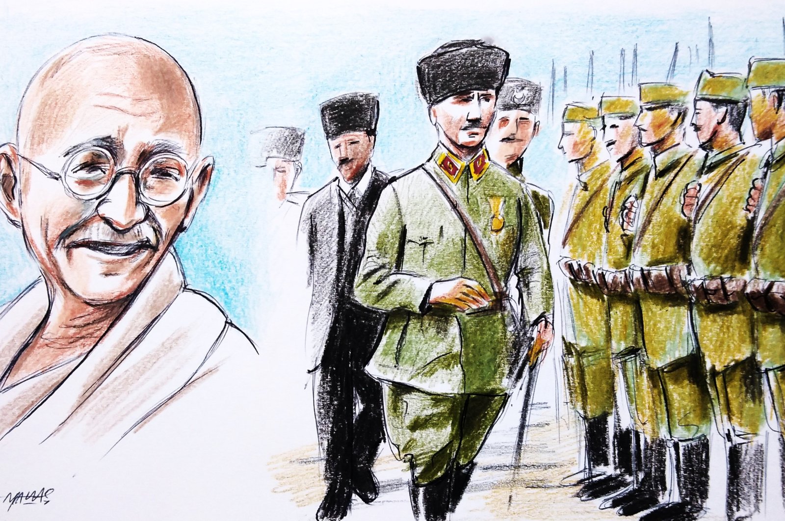 "Gandhi admired Turks as brave warriors, noting their longstanding history as fighters. He acknowledged the founding father of the Republic of Türkiye, Mustafa Kemal Atatürk, as well as his success with the sword, attributing it to the inherent strength found in every Turk&#039;s nerve." (Illustration by Erhan Yalvaç)