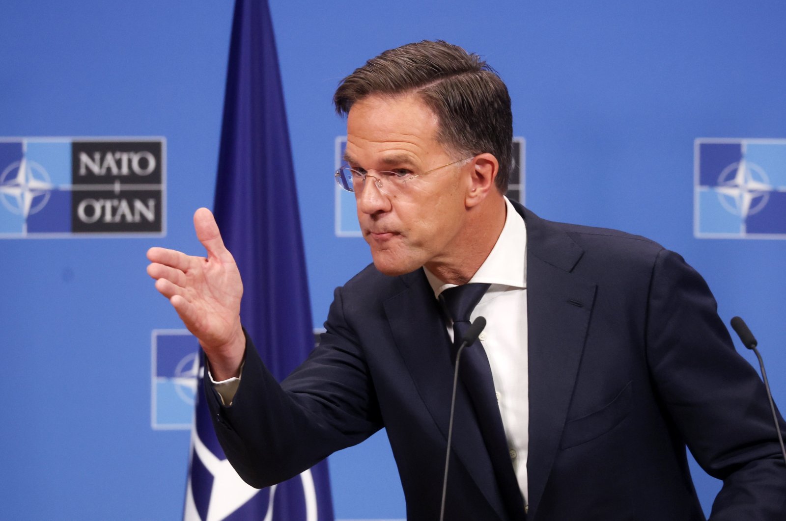 New NATO Secretary-General Mark Rutte gestures during a press conference in Brussels, Belgium, Oct. 1, 2024. (EPA Photo)