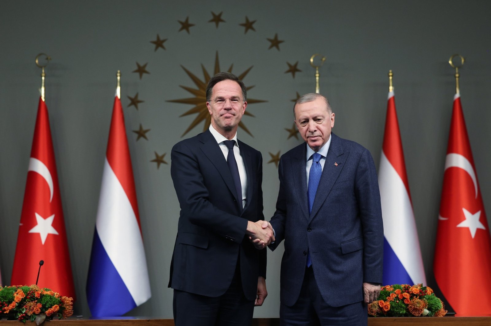 Then-Dutch Prime Minister Mark Rutte and President Recep Tayyip Erdoğan pose for a photograph while shaking hands during a news conference, Istanbul, Türkiye, April 26, 2024. (EPA Photo)