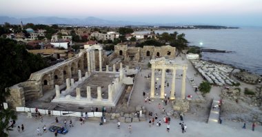 An aerial view showcases the ancient Temple of Athena in Side, Antalya, Türkiye, Oct. 2, 2024. (DHA Photos)
