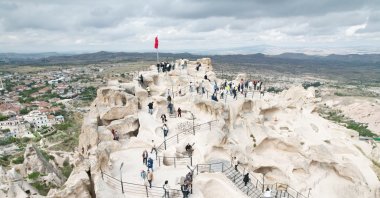 An aerial view shows visitors at the top of the Uçhisar Castle, Cappadocia, Türkiye, Oct. 2, 2024. (IHA Photo)