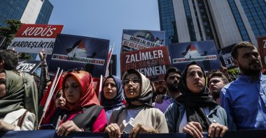 Pro-Palestine demonstrators protest Israel's war on Gaza and the U.S. Embassy for recognizing Jerusalem as the capital of Israel outside the Israeli Consulate, Istanbul, Türkiye, May 16, 2024. (DHA Photo) 