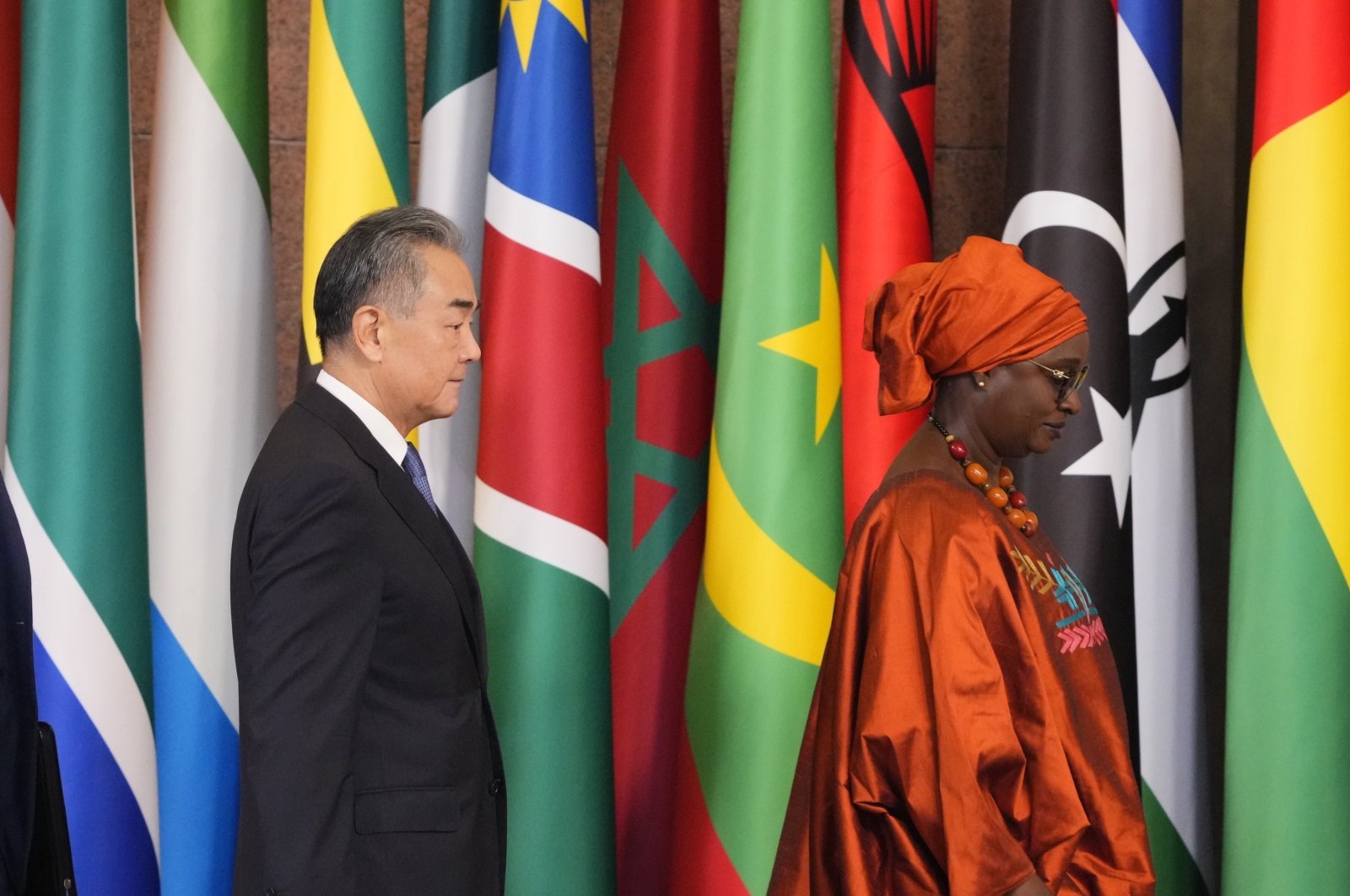 China&#039;s Foreign Minister Wang Yi (L), and Senegal&#039;s Foreign Minister Yassine Fall arrive at the ministerial conference during the Forum on China-Africa Cooperation (FOCAC) at the Diaoyutai State Guesthouse, Beijing, China, Sept. 3, 2024. (AP Photo)