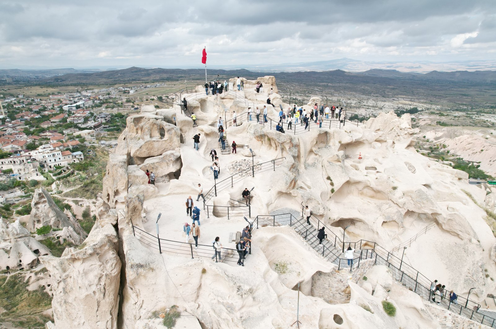 An aerial view shows visitors at the top of the Uçhisar Castle, Cappadocia, Türkiye, Oct. 2, 2024. (IHA Photo)