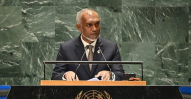 Maldives&#039; President Mohamed Muizzu speaks at the U.N. General Assembly, New York City, U.S., Sept. 22, 2024. (AFP Photo)