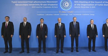 Heads of state from Organization of Turkic States (OTS) member states pose for a photo on the sidelines of the OTS summit, Astana, Kazakhstan, Nov. 3, 2023. (AP Photo)
