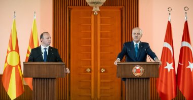 Turkish Parliament Speaker Numan Kurtulmuş speaks at a joint news conference with North Macedonian counterpart Afrim Gashi in Ankara, Oct. 3, 2024. (AA Photo)