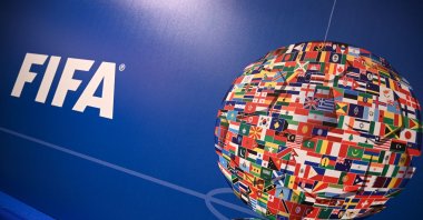 A picture shows the FIFA logo during a press conference held by the president of the football&#039;s governing body at the FIFA Executive Football Summit, Istanbul, Türkiye, Feb. 15, 2019. (AFP Photo)