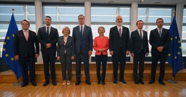European Commission President Ursula Von der Leyen (C) poses for a group picture with (from L to R) Commissioner-designate for Health and animal Welfare Oliver Varhelyi, Montenegro's Prime Minister Milojko Spajic, Chairwoman of the Council of Ministers of Bosnia Borjana Kristo, Serbia's President Aleksandar Vucic, Albania's Prime Minister Edi Rama, Kosovo's Prime Minister Albin Kurti, and Macedonia's Prime Minister Hristijan Mickoski ahead of their meeting at the EU headquarters in Brussels, Belgium, Sept. 19, 2024. (AFP Photo)