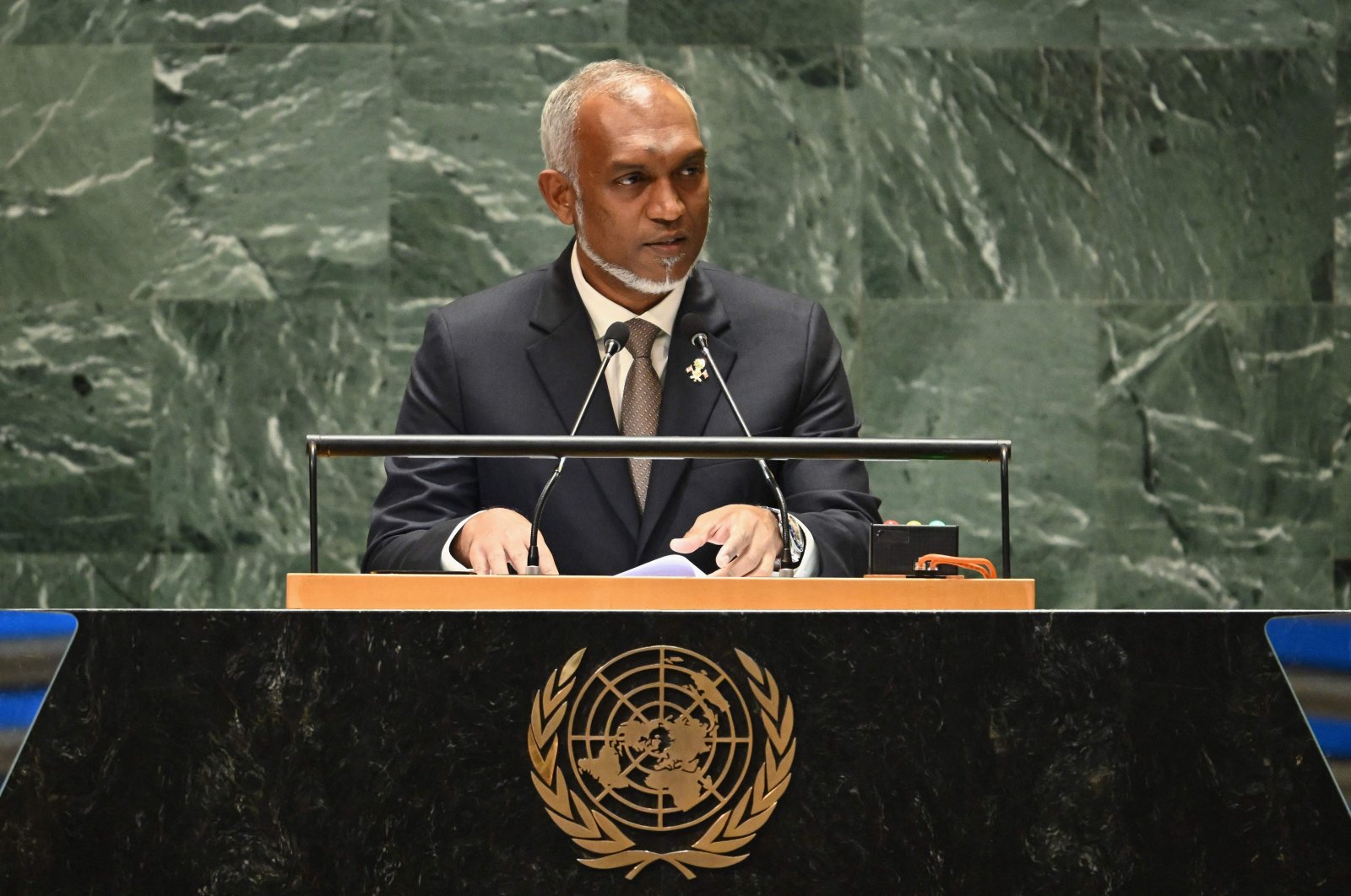 Maldives&#039; President Mohamed Muizzu speaks at the U.N. General Assembly, New York City, U.S., Sept. 22, 2024. (AFP Photo)