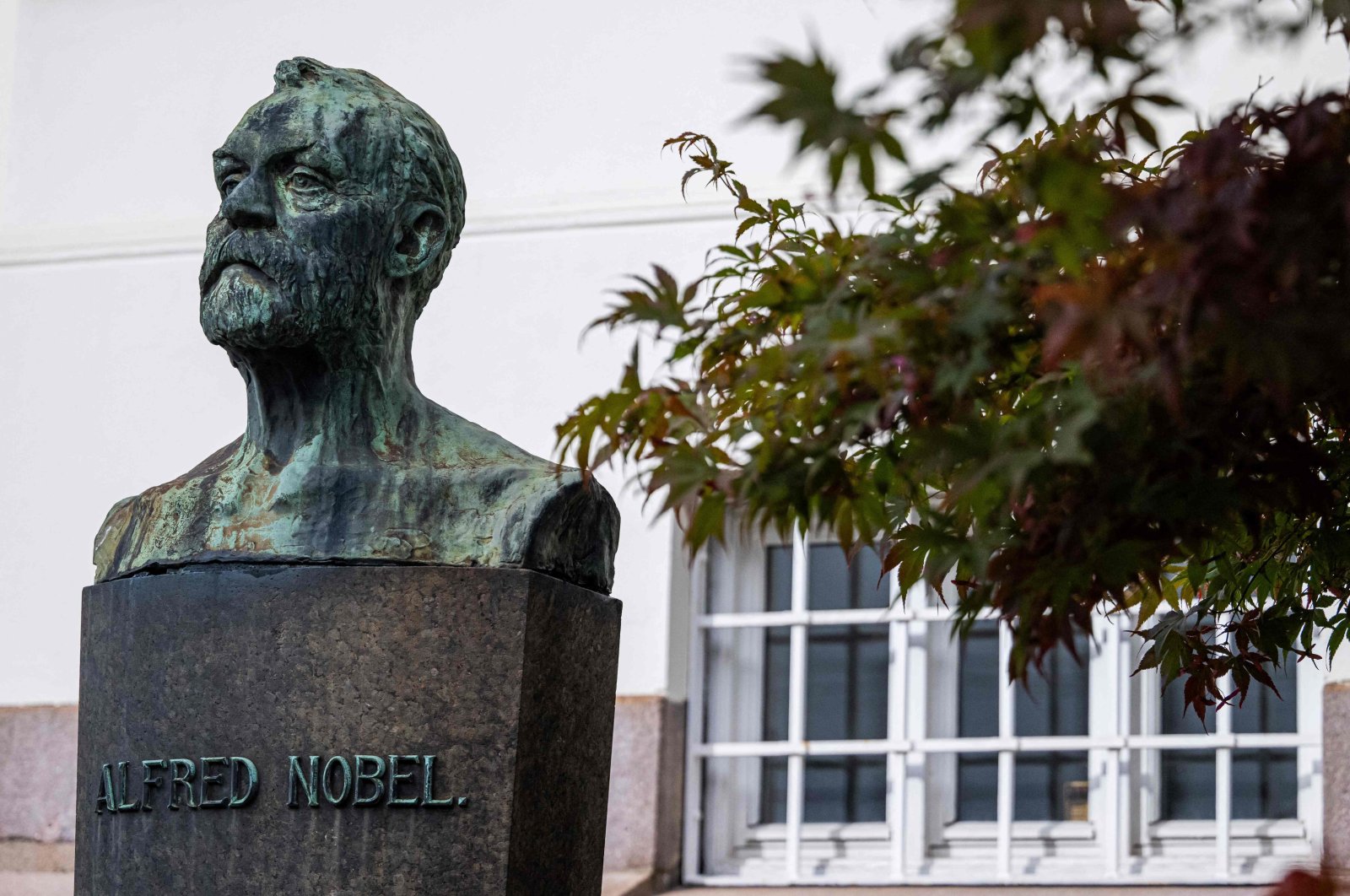 A bust of Swedish chemist, engineer, inventor, businessperson and philanthropist Alfred Nobel is pictured outside the Norwegian Nobel Institute, Oslo, Norway, Sept. 25, 2024. (AFP Photo)