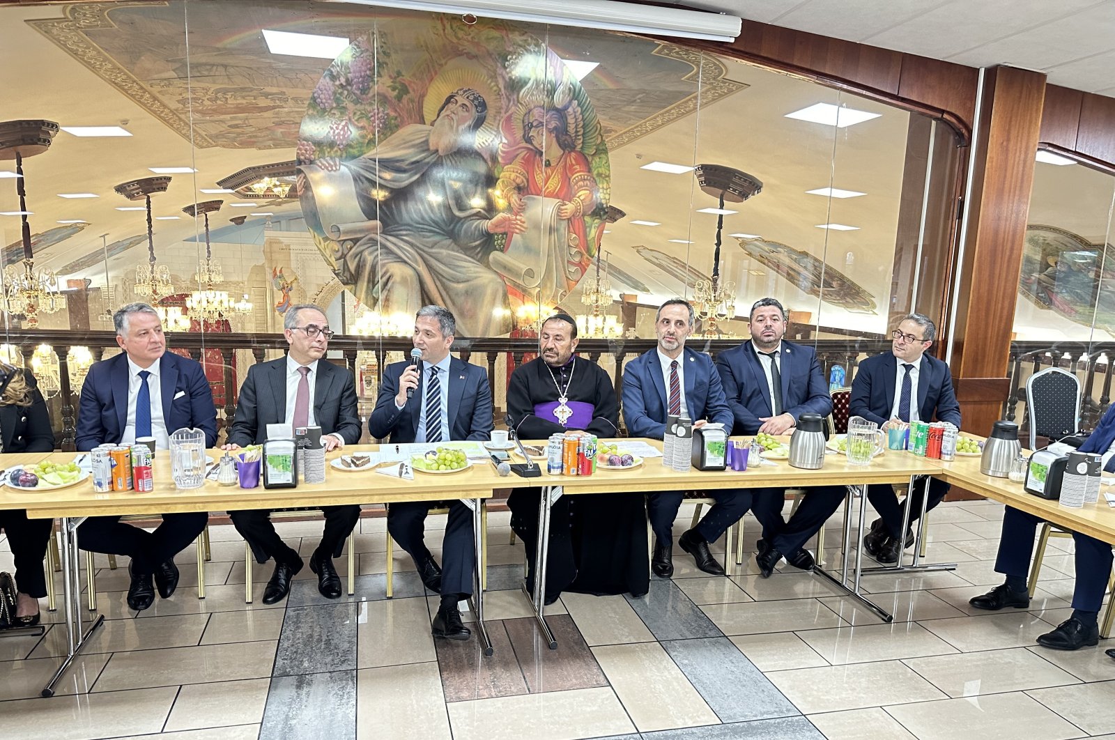 Turkish and Swedish officials give speeches during the roundtable session at St. Aphrem Church in Södertälje, Sweden, Oct. 3, 2024. (AA Photo)