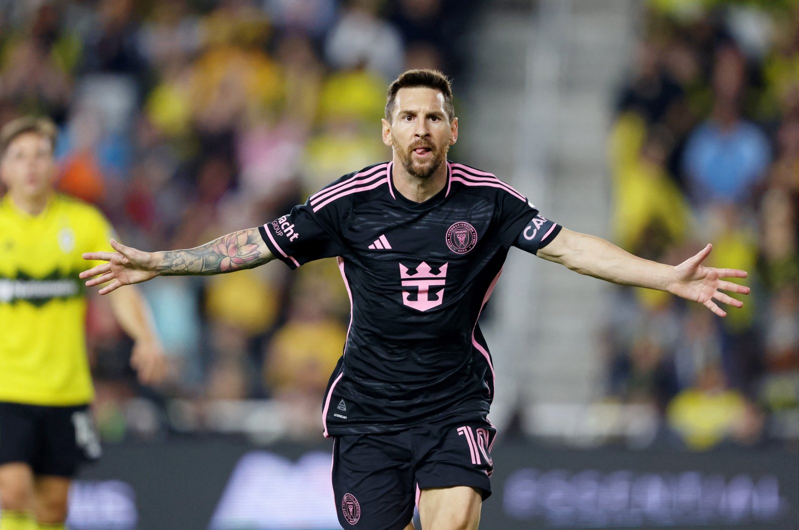 Inter Miami&#039;s Lionel Messi celebrates after scoring a goal against the Columbus Crew during the first half at Lower.com Field, Columbus, Ohio, U.S., Oct 2, 2024. (Reuters Photo)