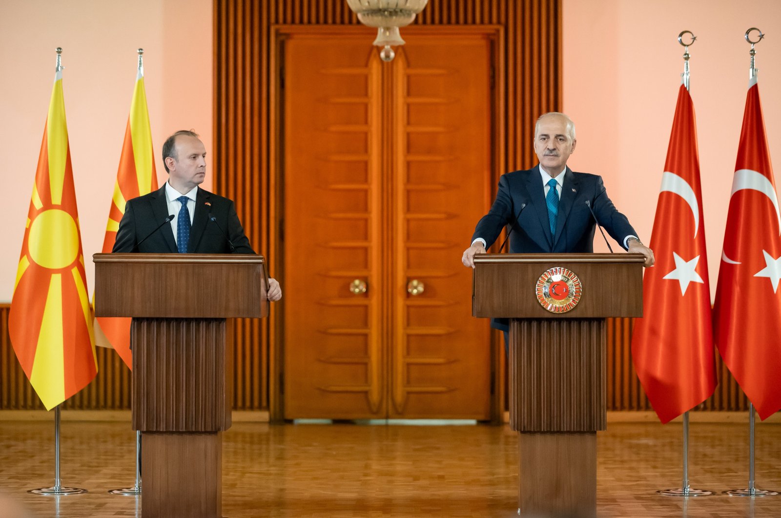 Turkish Parliament Speaker Numan Kurtulmuş speaks at a joint news conference with North Macedonian counterpart Afrim Gashi in Ankara, Oct. 3, 2024. (AA Photo)