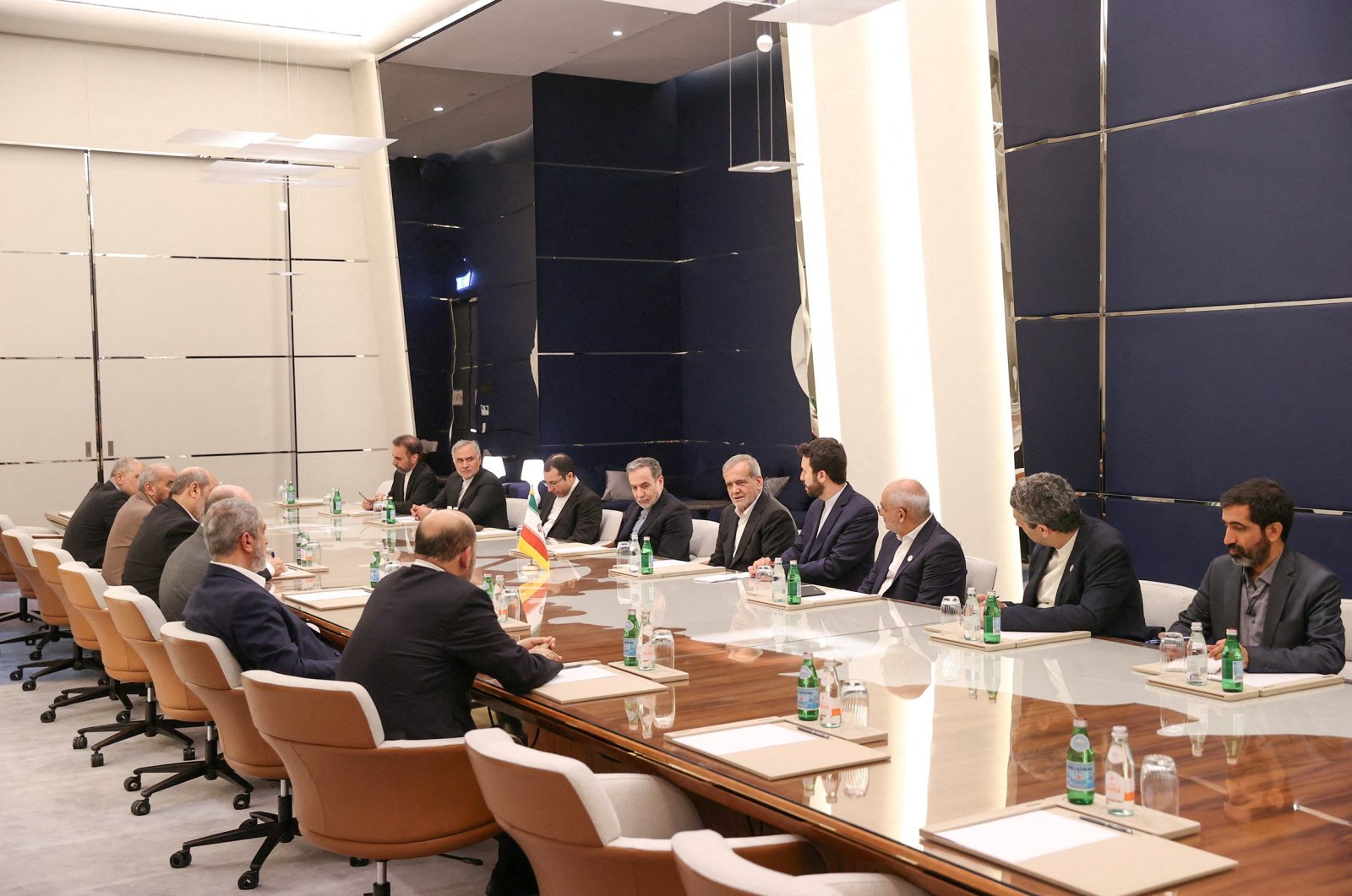 Iran&#039;s President Masoud Pezeshkian meets with Hamas leader Khaled Mashal, in Doha, Qatar, Oct. 2, 2024. (Iran&#039;s Presidency Handout via Reuters)