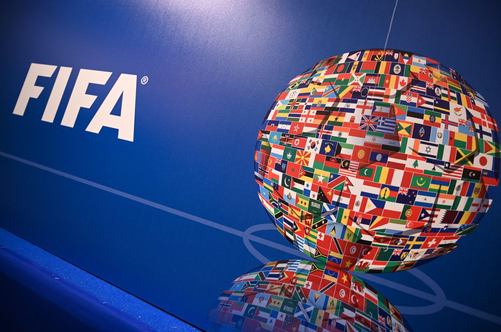 A picture shows the FIFA logo during a press conference held by the president of the football&#039;s governing body at the FIFA Executive Football Summit, Istanbul, Türkiye, Feb. 15, 2019. (AFP Photo)