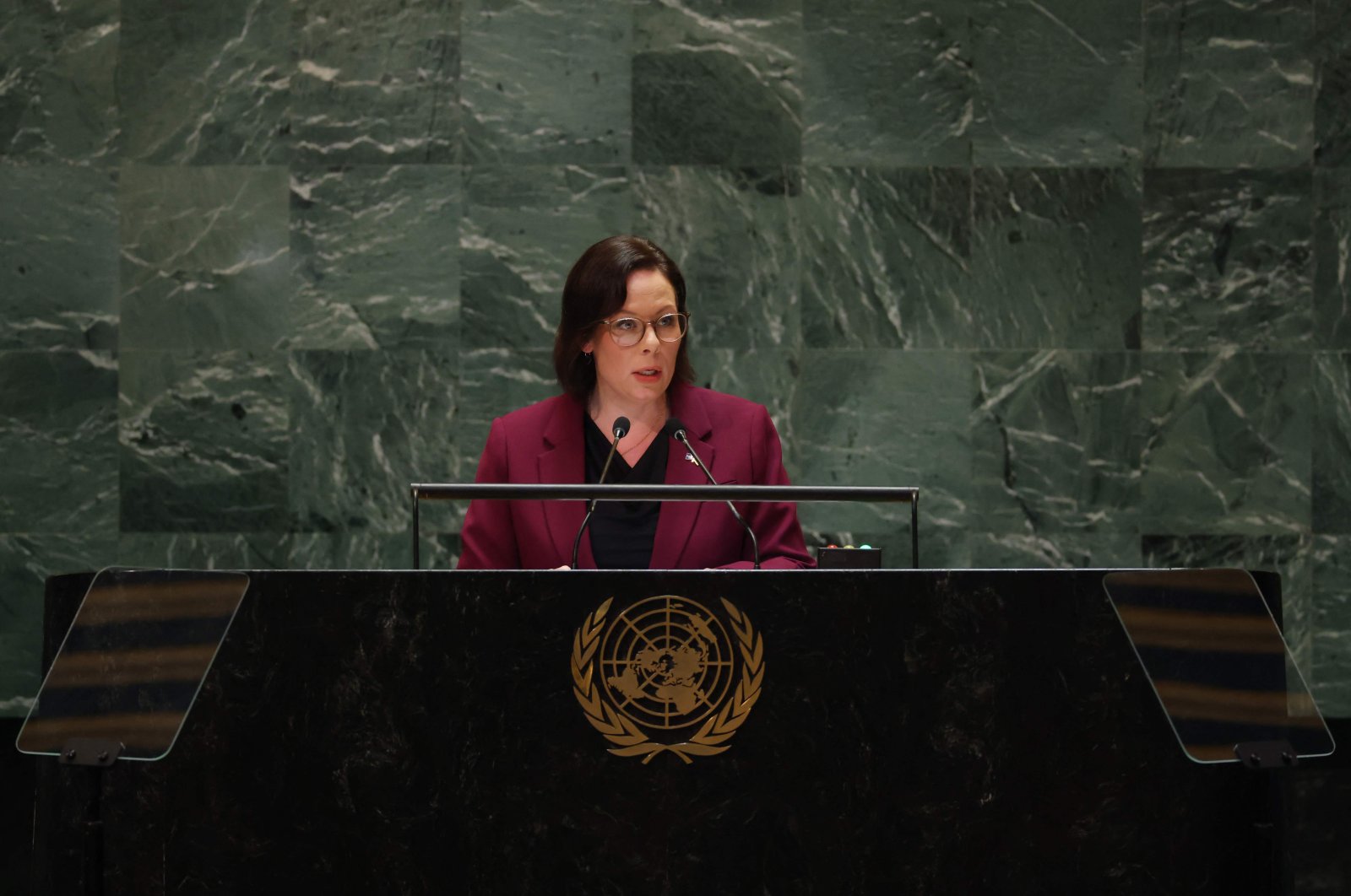 Sweden&#039;s Minister of Foreign Affairs Maria Malmer Stenergard speaks during the 79th Session of the United Nations General Assembly at the United Nations headquarters in New York City, Sept. 26, 2024. (AFP Photo)