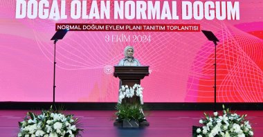First lady Emine Erdoğan speaks at an event, Ankara, Türkiye, Oct. 3, 2024. (AA Photo)