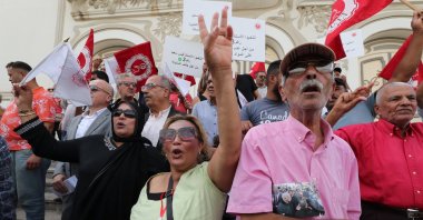 Members of the Union of Workers of Tunis demonstrate in support of the incumbent Tunisian President Kais Saied on campaign day, Tunis, Tunisia, Oct. 3, 2024. (EPA Photo)
