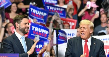 Former U.S. President and 2024 presidential nominee Donald Trump (R) with U.S. Senator and vice presidential nominee J.D. Vance attend their first campaign rally together at Van Andel Arena, Grand Rapids, Michigan, U.S., July 20, 2024. (AFP Photo)