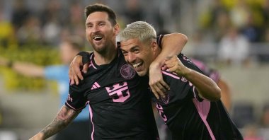 Inter Miami&#039;s Lionel Messi (L) and Luis Suarez celebrate a goal during the second half against the Columbus Crew at Lower.com Field, Columbus, Ohio, U.S., Oct. 2, 2024. (Getty Images Photo)