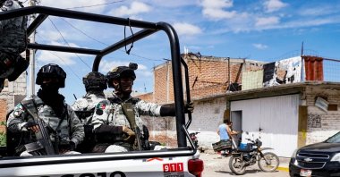 National Guard members patrol outside a rehabilitation center where,  according to local government, unknown gunmen killed four people and injured five, Salamanca, Guanajuato state, Mexico, Oct. 2, 2024. (AFP Photo)