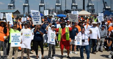 Dockworkers gather at the Bayport Container Terminal in Seabrook, Texas, U.S., Oct. 1, 2024. (AFP Photo)