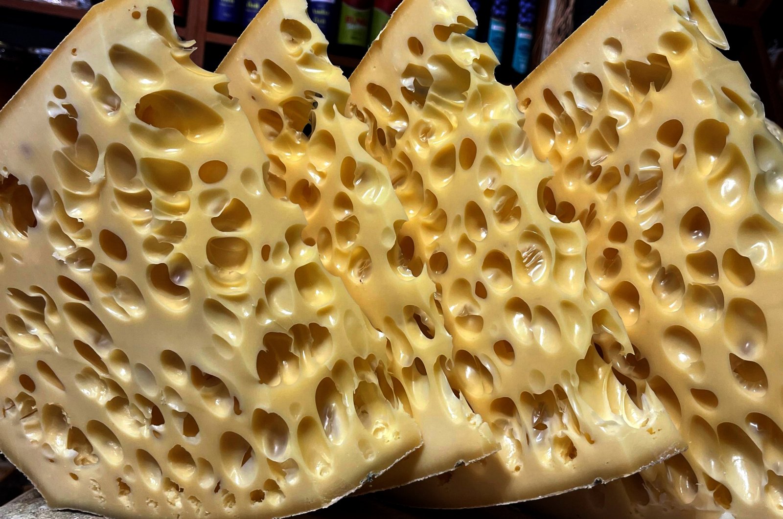 Slices of traditional Kars gravyer cheese are displayed in a shop in Kars, eastern Türkiye, Oct. 3, 2024. (AA Photo)