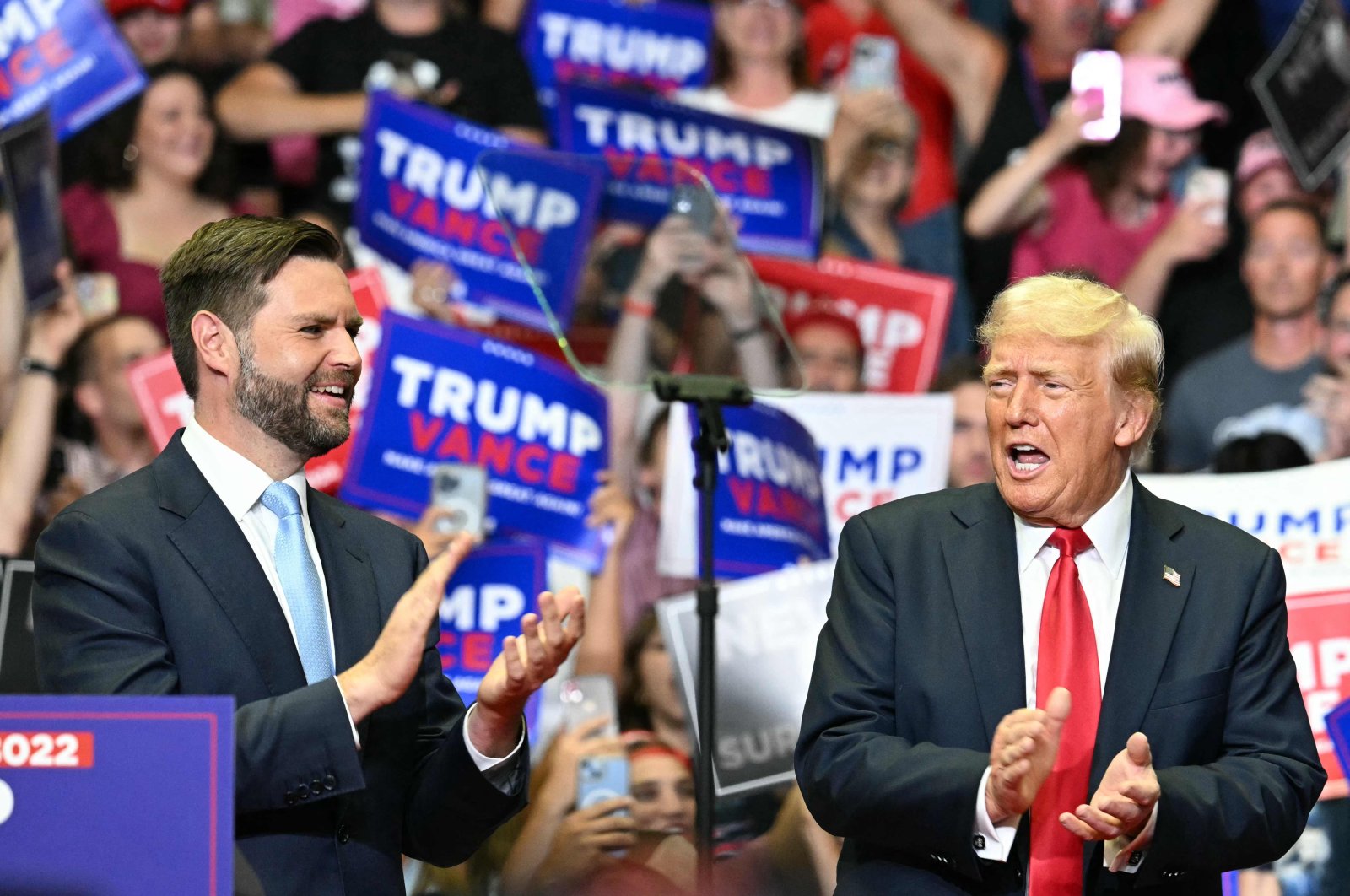 Former U.S. President and 2024 presidential nominee Donald Trump (R) with U.S. Senator and vice presidential nominee J.D. Vance attend their first campaign rally together at Van Andel Arena, Grand Rapids, Michigan, U.S., July 20, 2024. (AFP Photo)