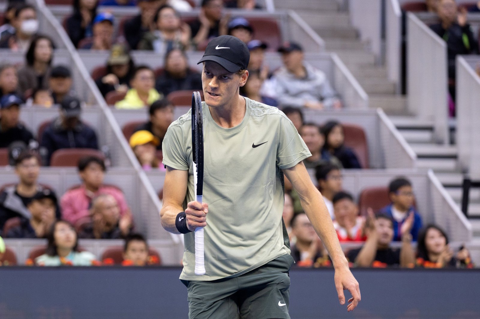 Italy&#039;s Jannik Sinner reacts during his singles final match against Spain&#039;s Carlos Alcaraz at the China Open, Beijing, China, Oct. 2, 2024. (EPA Photo)