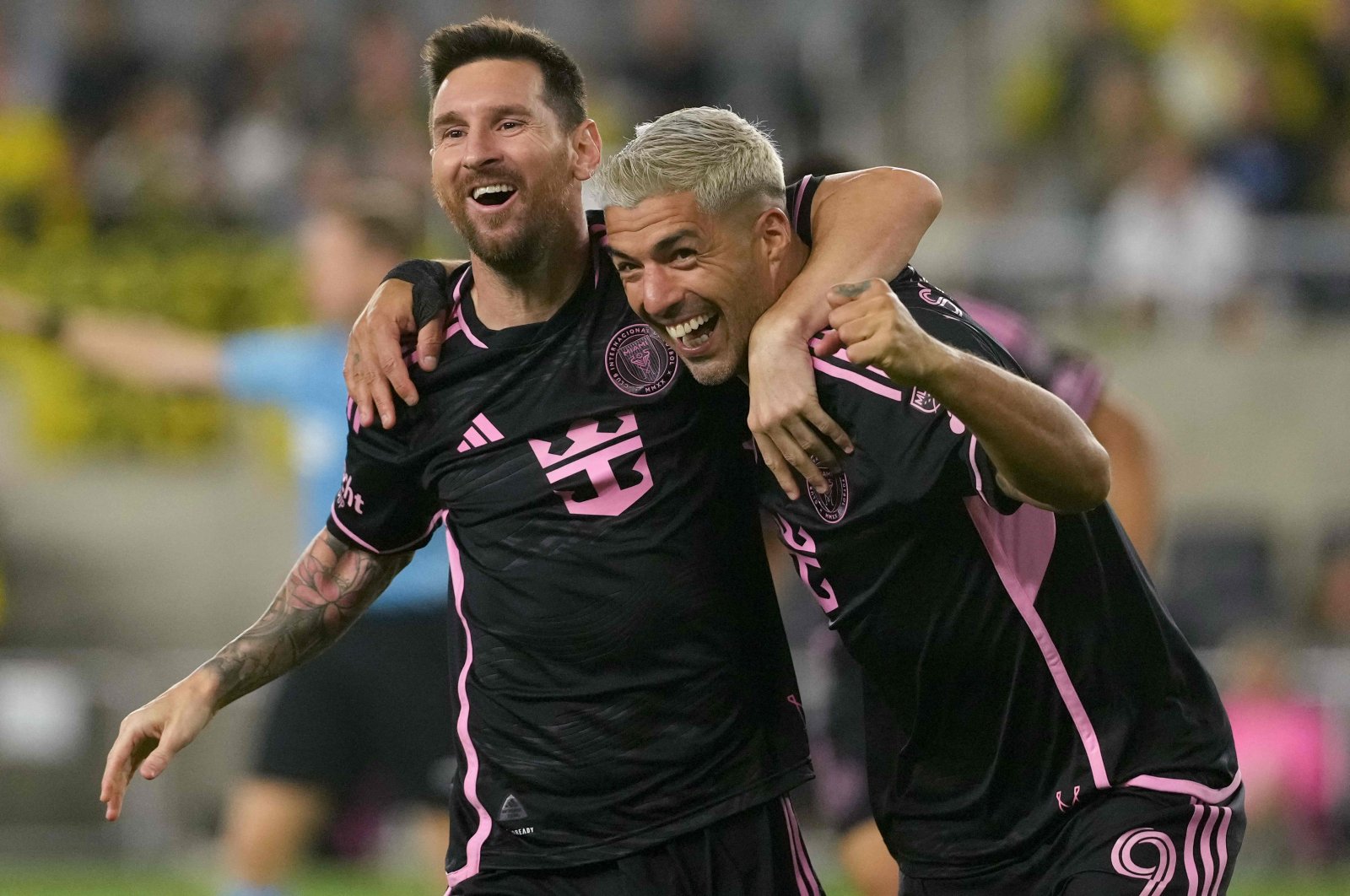 Inter Miami&#039;s Lionel Messi (L) and Luis Suarez celebrate a goal during the second half against the Columbus Crew at Lower.com Field, Columbus, Ohio, U.S., Oct. 2, 2024. (Getty Images Photo)