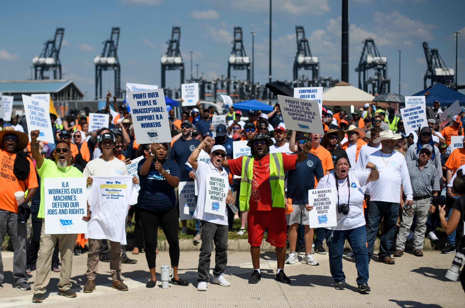 Dockworkers gather at the Bayport Container Terminal in Seabrook, Texas, U.S., Oct. 1, 2024. (AFP Photo)