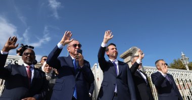 President Recep Tayyip Erdoğan bids farewell to Oruç Reis at Dolmabahçe, Istanbul, Oct. 5, 2024. (IHA Photo)