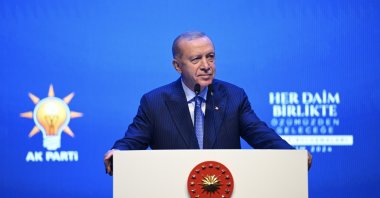 President Recep Tayyip Erdoğan speaks at a meeting of his ruling Justice and Development Party (AK Party) at Haliç Congress Center in Istanbul, Oct. 5, 2024. (AA Photo)