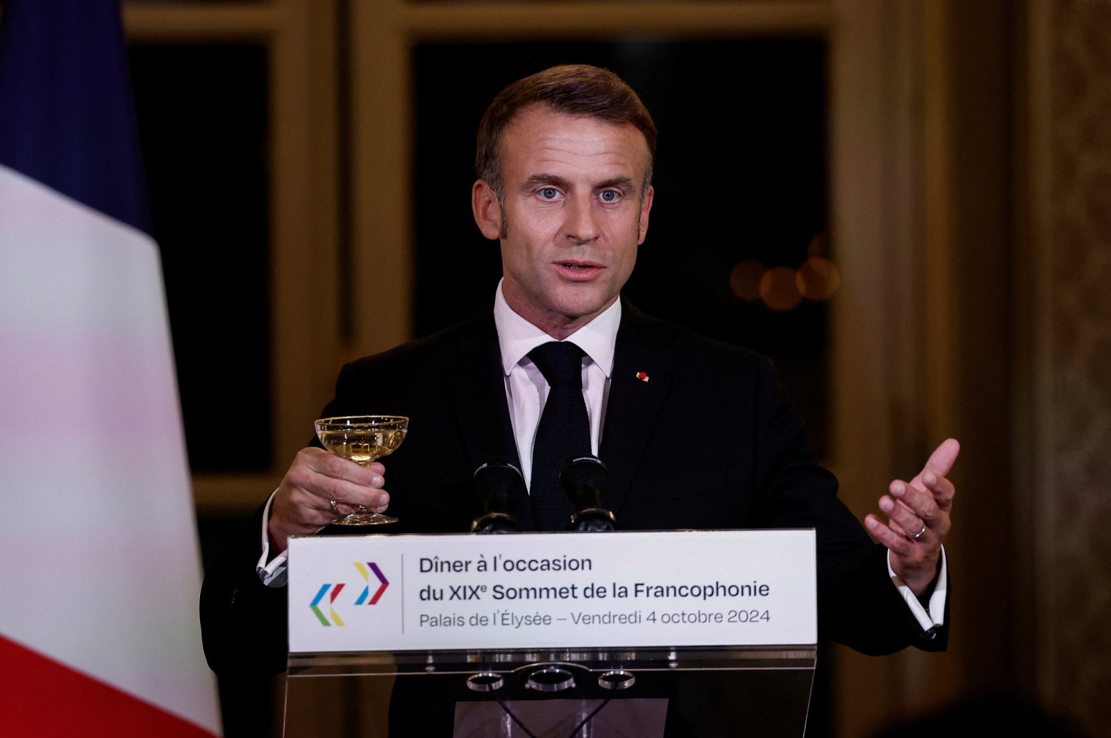 French President Emmanuel Macron delivers a speech before a dinner with several heads of state and government and leaders of international organizations at the Elysee Palace, as part of the 19th Francophonie Summit, in Paris, France, Oct. 4, 2024. (EPA Photo)