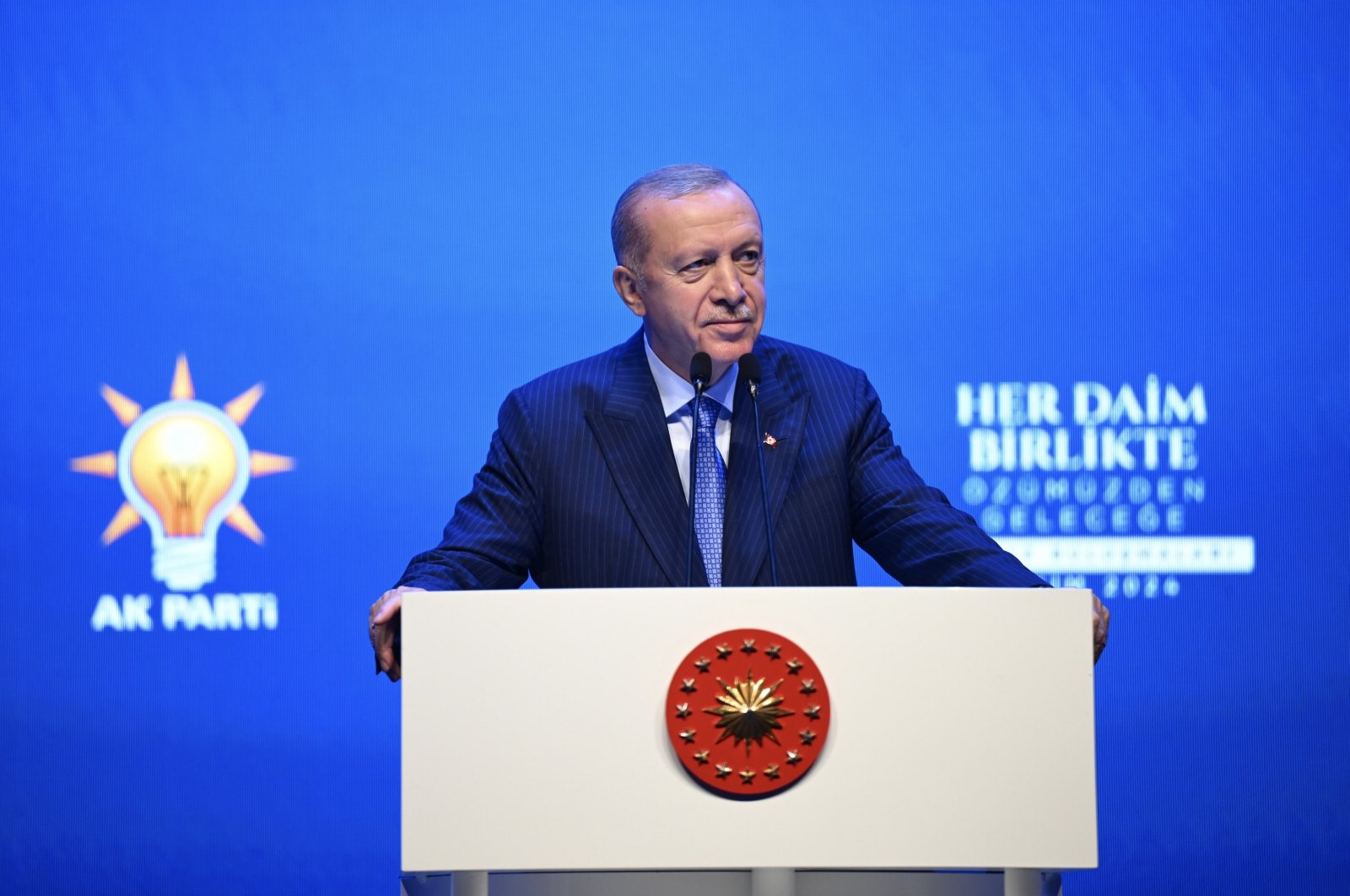 President Recep Tayyip Erdoğan speaks at a meeting of his ruling Justice and Development Party (AK Party) at Haliç Congress Center in Istanbul, Oct. 5, 2024. (AA Photo)