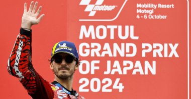 Ducati Lenovo Team&#039;s Francesco Bagnaia celebrates on the podium after winning the Japanese Grand Prix, Motegi, Japan, Oct. 6, 2024. (Reuters Photo)