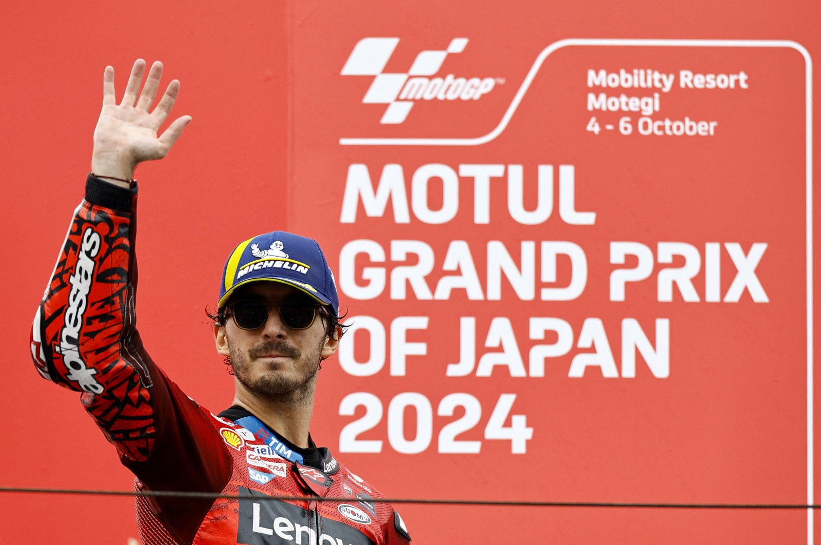 Ducati Lenovo Team&#039;s Francesco Bagnaia celebrates on the podium after winning the Japanese Grand Prix, Motegi, Japan, Oct. 6, 2024. (Reuters Photo)