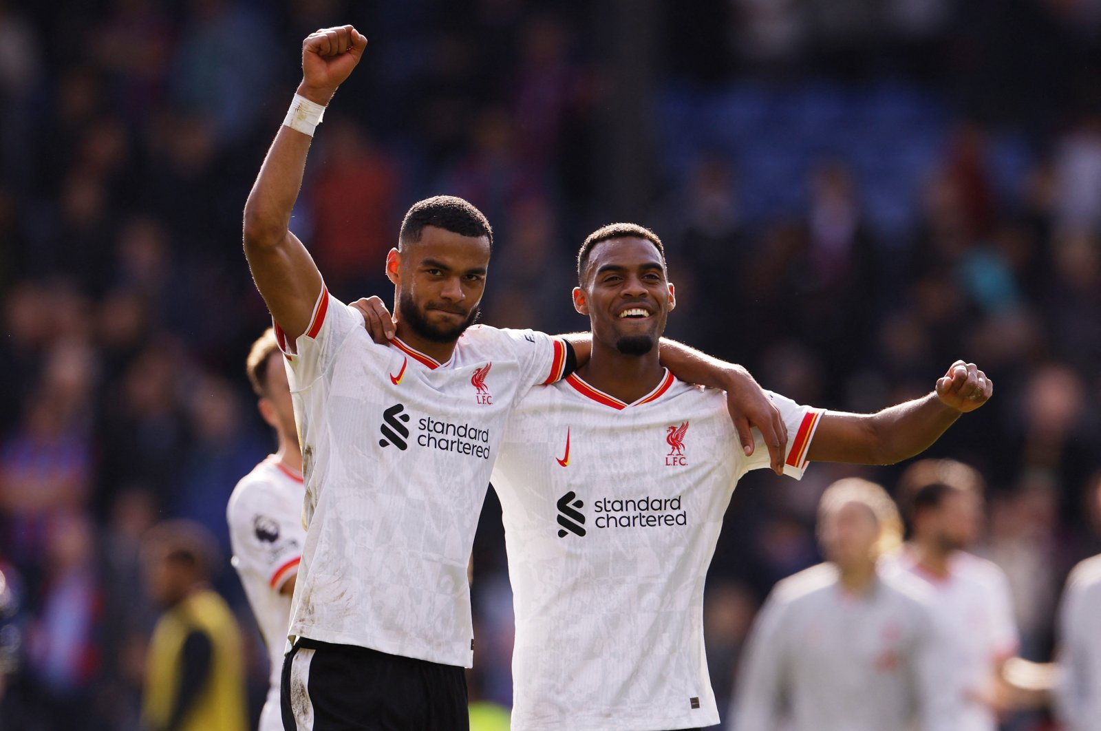 Liverpool&#039;s Cody Gakpo and Liverpool&#039;s Ryan Gravenberch celebrate after a Premier League match against Crystal Palace, London, U.K., Oct. 5, 2024.