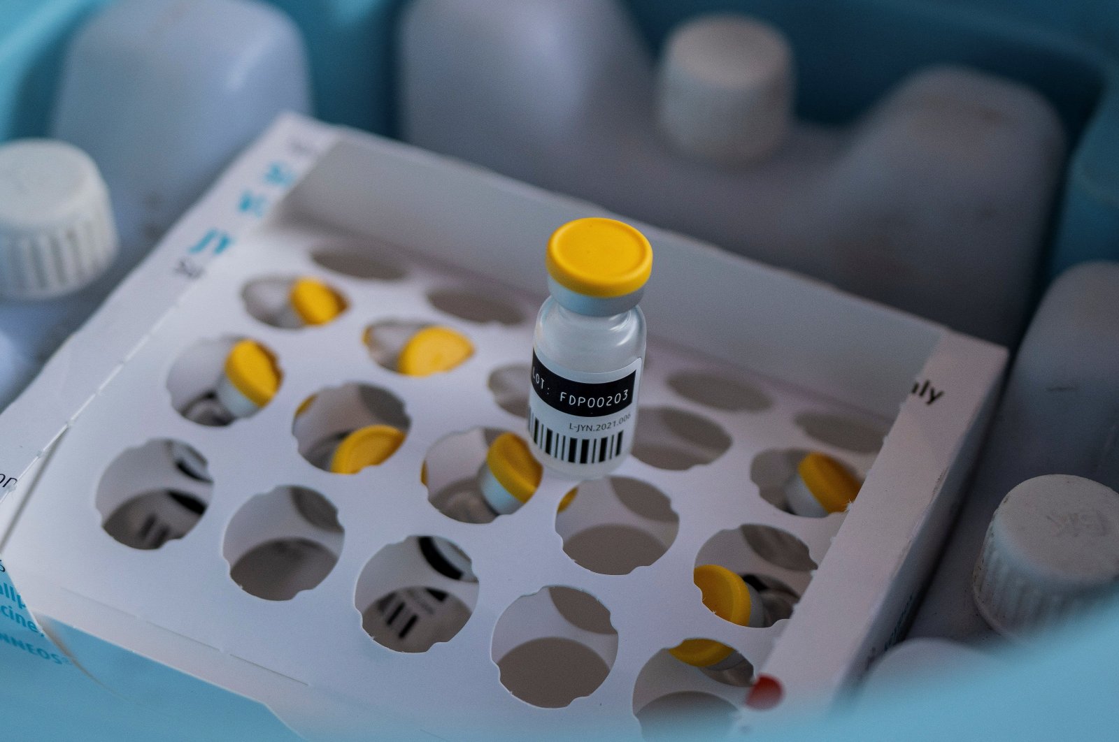 A mpox vaccine bottle stands in a package as Congolese health officials prepare to administer vaccinations, in Goma, North Kivu province, Democratic Republic of Congo, Oct. 5, 2024. (Reuters Photo)