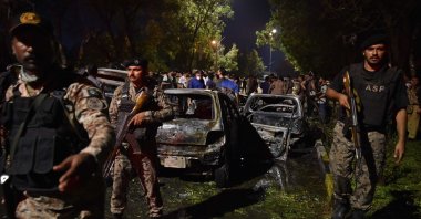 Pakistani security officials inspect the scene of a blast outside the Jinnah international airport in Karachi, Pakistan, Oct. 7, 2024. (EPA Photo)