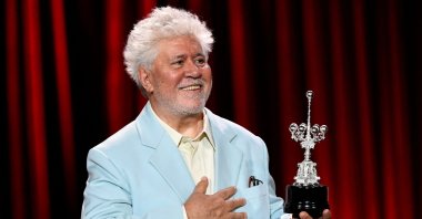 Spanish director Pedro Almodovar gestures after receiving the Donostia Lifetime Achievement Award in recognition of his career, during the 72nd San Sebastian International Film Festival, the Basque city of San Sebastian, Spain, Sept. 26, 2024. (AFP Photo)