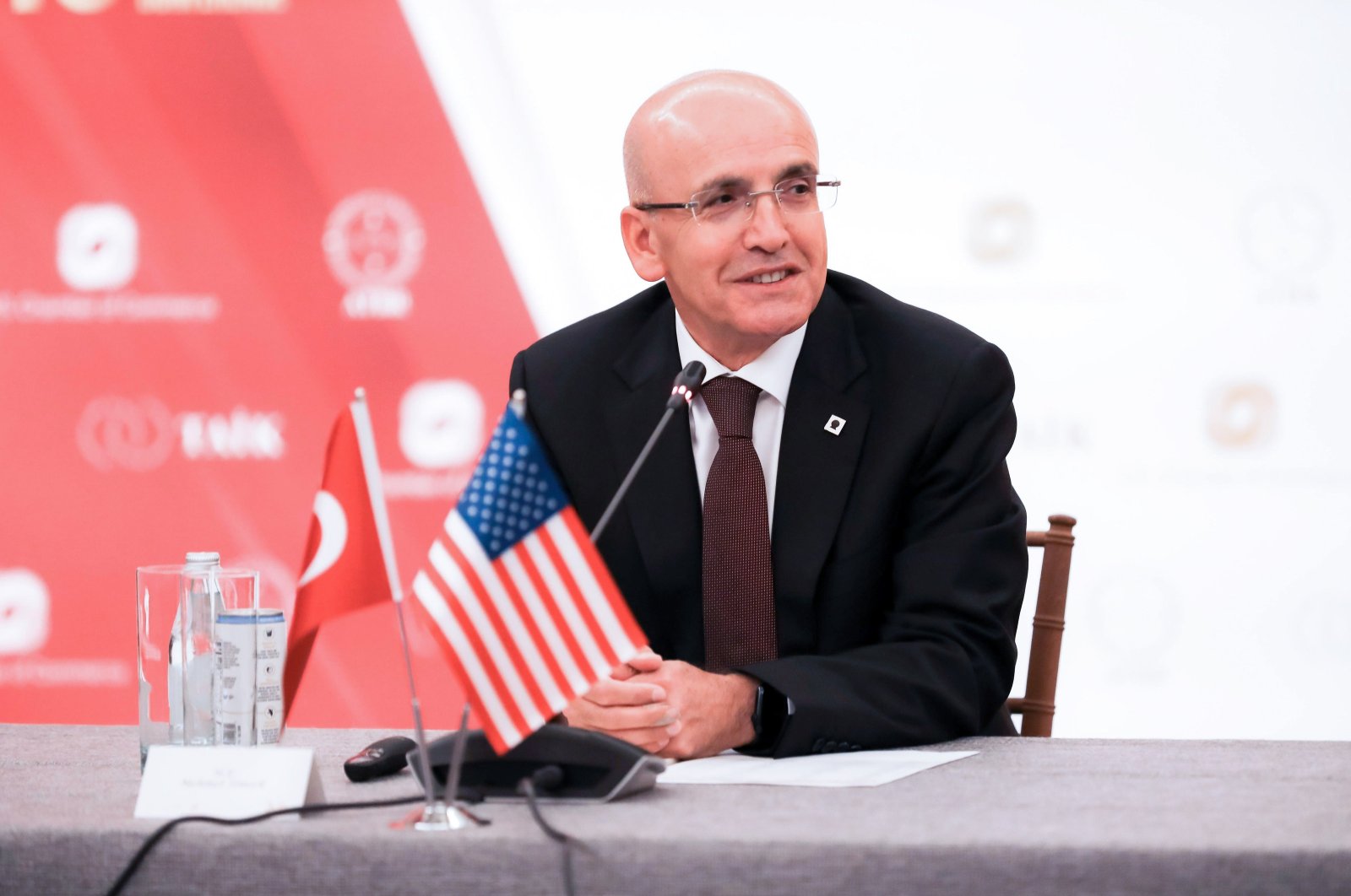 Treasury and Finance Minister Mehmet Şimşek attends a meeting during a visit to New York, U.S., Sept. 26, 2024. (AA Photo)