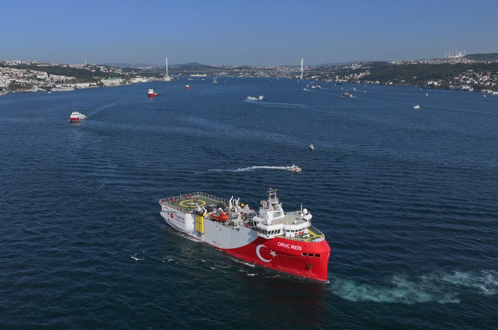 Türkiye&#039;s seismic research vessel Oruç Reis sails through the Bosporus ahead of its Somalia mission, Istanbul, Türkiye, Oct. 5, 2024. (AA Photo)