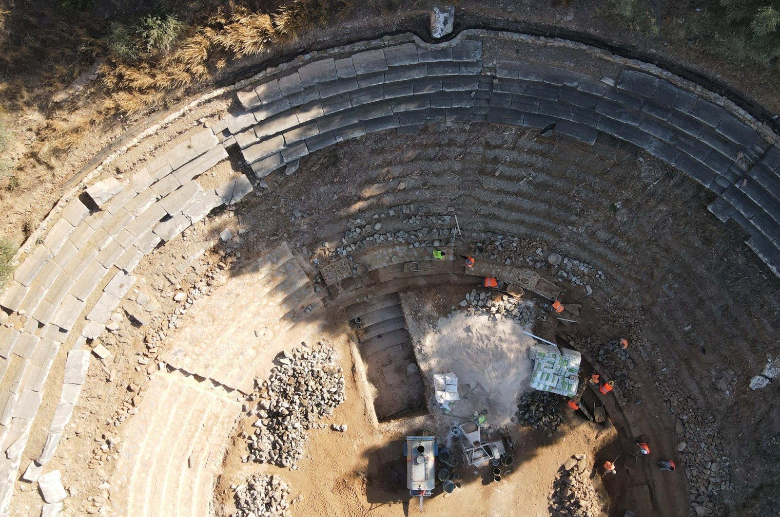 Aerial view of the theater in the ancient city of Euromos, Muğla, Türkiye, Oct. 3, 2024. (AA Photo)