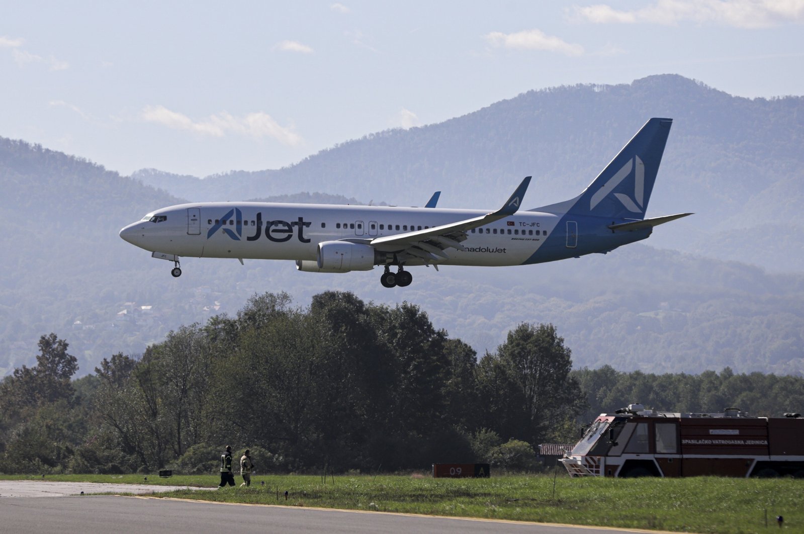 AJet aircraft is seen landing at Tuzla International Airport, Tuzla, Bosnia-Herzegovina, Oct. 7, 2024. (AA Photo)