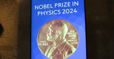 A view of the sign for the Nobel Prize in Physics in the Royal Swedish Academy of Sciences in Stockholm, Sweden, Oct. 8, 2024. (Reuters Photo)