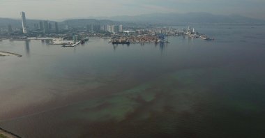 Aerial footage of Izmir Bay shows a dramatic color shift, indicating pollution levels, Izmir, Türkiye, Sept. 22, 2024. (DHA Photo)