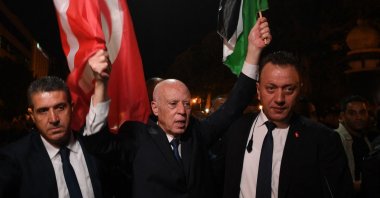 Tunisia&#039;s President Kais Saied (C) celebrates with supporters in the capital Tunis after being re-elected, Oct. 7, 2024. (AFP Photo)