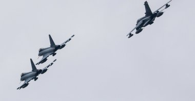 A Tornado and two Eurofighter fighter jets of the German Armed Forces seen during a visit of German Defense Minister Boris Pistorius (not pictured) to the artillery school, Idar-Oberstein, Germany, Sept. 16, 2024. (EPA Photo)
